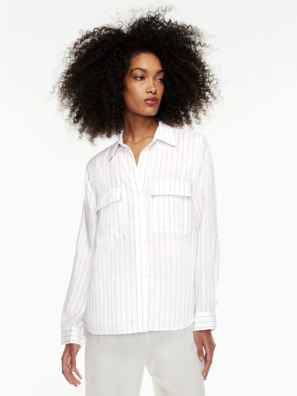 Babaton White Button-Down Shirt with Thin Blue Pinstripes - “Utility Shirt”